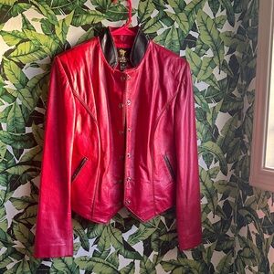 Vintage Red Leather Jacket with Black Trim